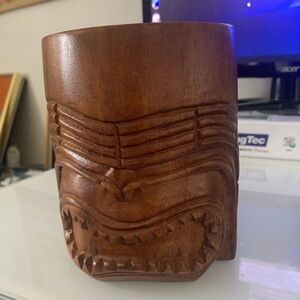 Vintage Tiki Mug Wood Polynesian God Face Hand Carved Cup with Handle